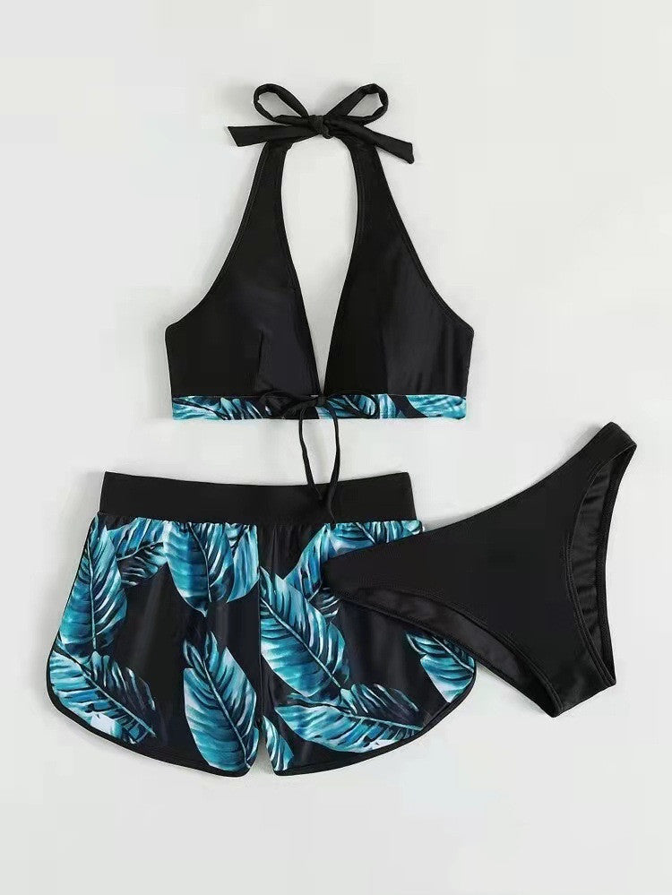 3pcs Leaf Print Bikini With Shorts Fashion Summer Beach Swimsuit Women's Clothing