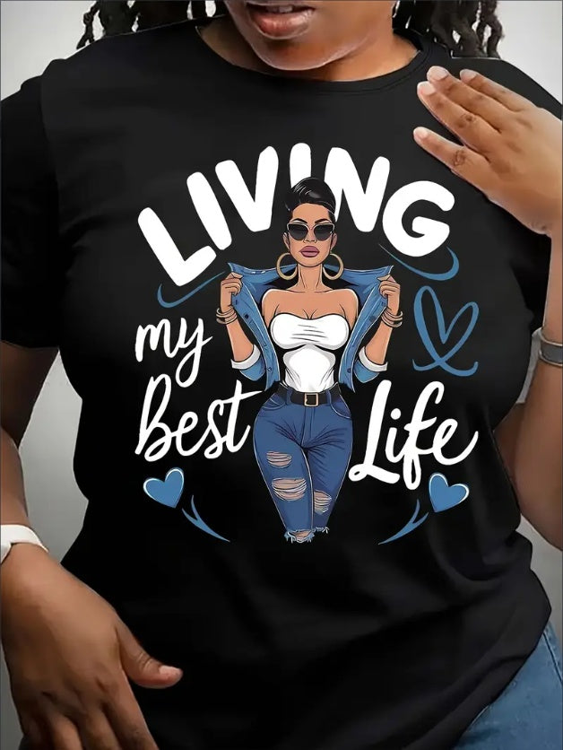 Women's Casual Crew Neck T-Shirt With Living My Best Life Portrait Graphic Print, Polyester Knit Fabric, All Season Comfort Fit, Short Sleeve Tee