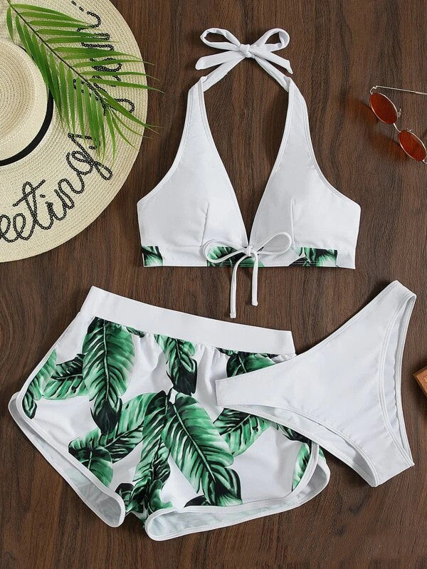 3pcs Leaf Print Bikini With Shorts Fashion Summer Beach Swimsuit Women's Clothing