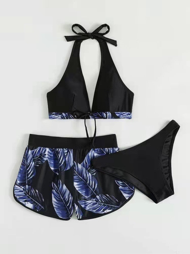 3pcs Leaf Print Bikini With Shorts Fashion Summer Beach Swimsuit Women's Clothing