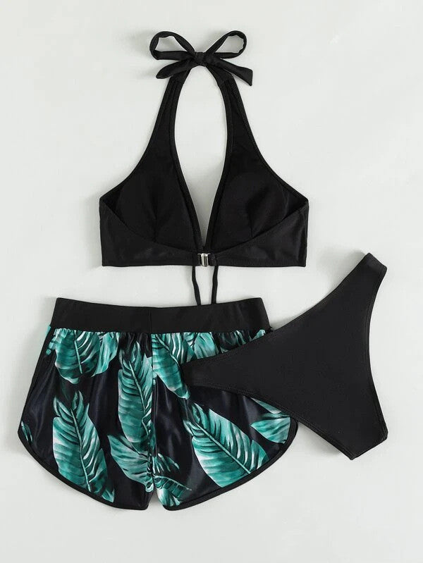 3pcs Leaf Print Bikini With Shorts Fashion Summer Beach Swimsuit Women's Clothing