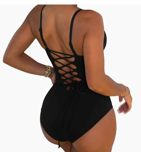 Summer Bikini Backless String Large Size Solid Color Triangle One-piece Swimsuit Women's Clothing