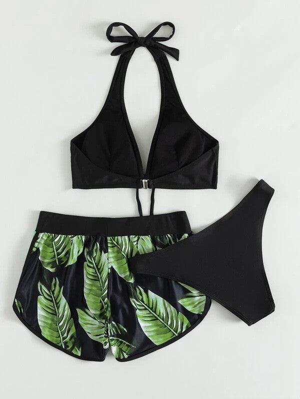 3pcs Leaf Print Bikini With Shorts Fashion Summer Beach Swimsuit Women's Clothing