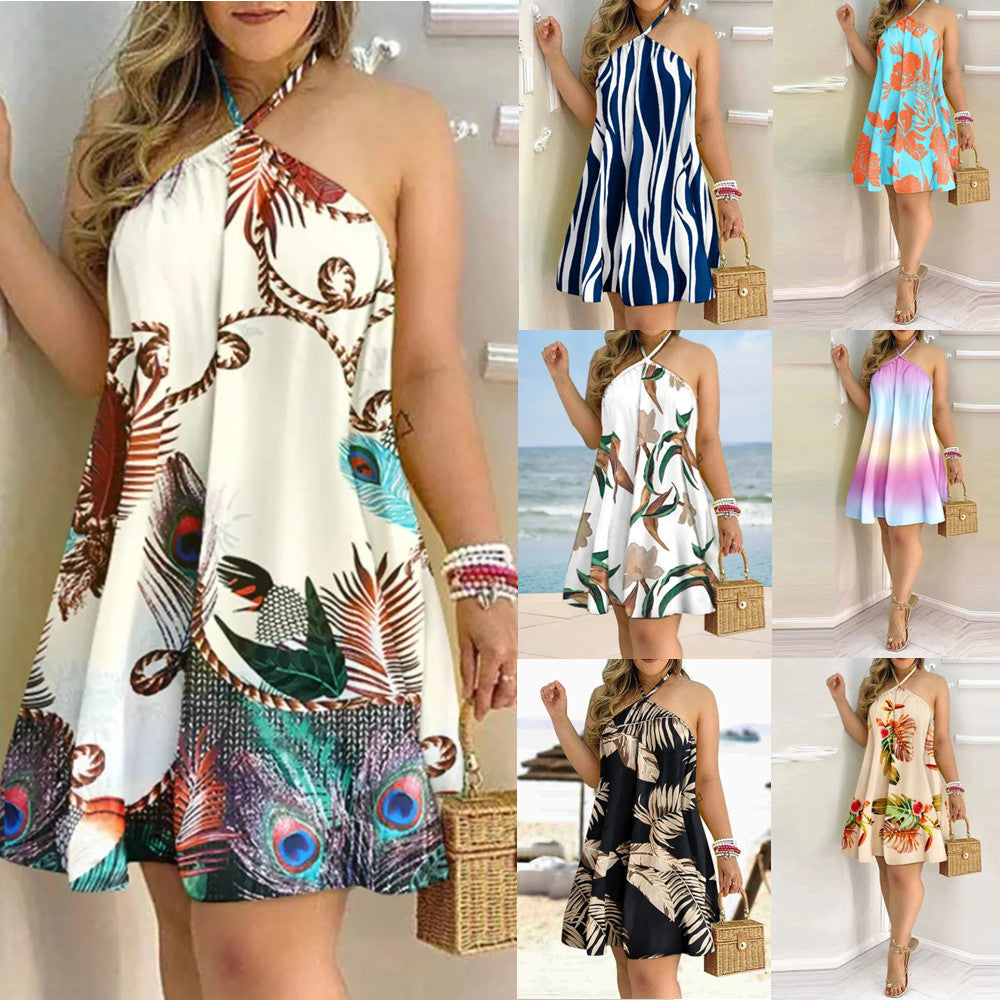 Printed Dress Summer Off-Shoulder Hanging Neck Sleeveless Dresses Women