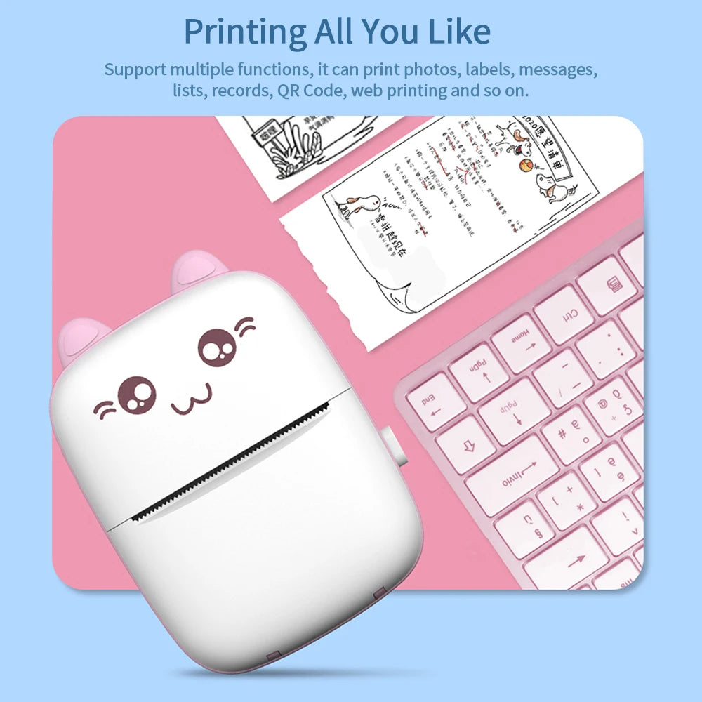 58mm Mini Portable Thermal Printer Cat Shapes Lightweight Wireless Photo Label Memo Wrong Question Printing USB Cable Printers