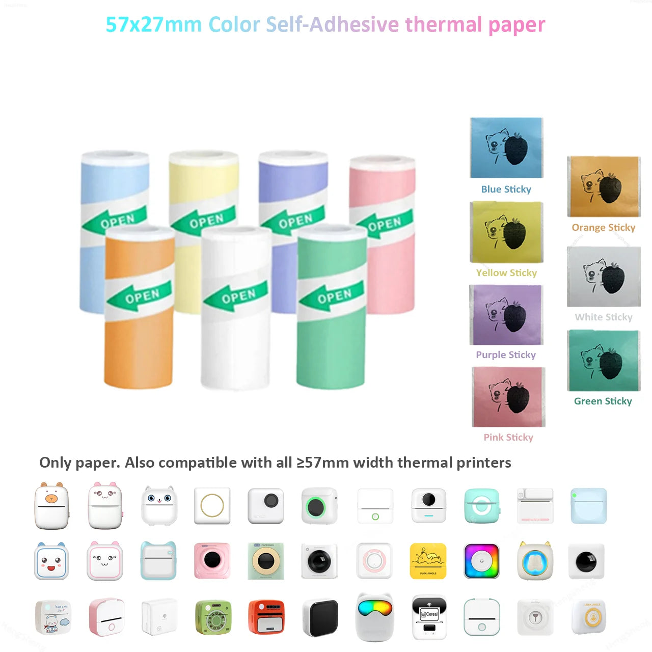 Thermal Paper MINI Printing Self-adhesive Label Sticker For Mini Printers Pose Machine Kid Camera Stickers 57mm Width Rolls