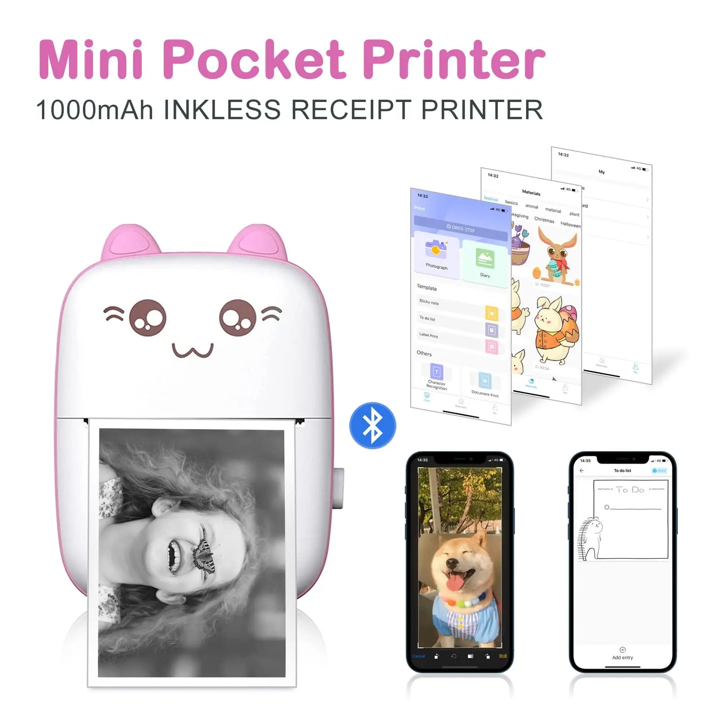 58mm Mini Portable Thermal Printer Cat Shapes Lightweight Wireless Photo Label Memo Wrong Question Printing USB Cable Printers