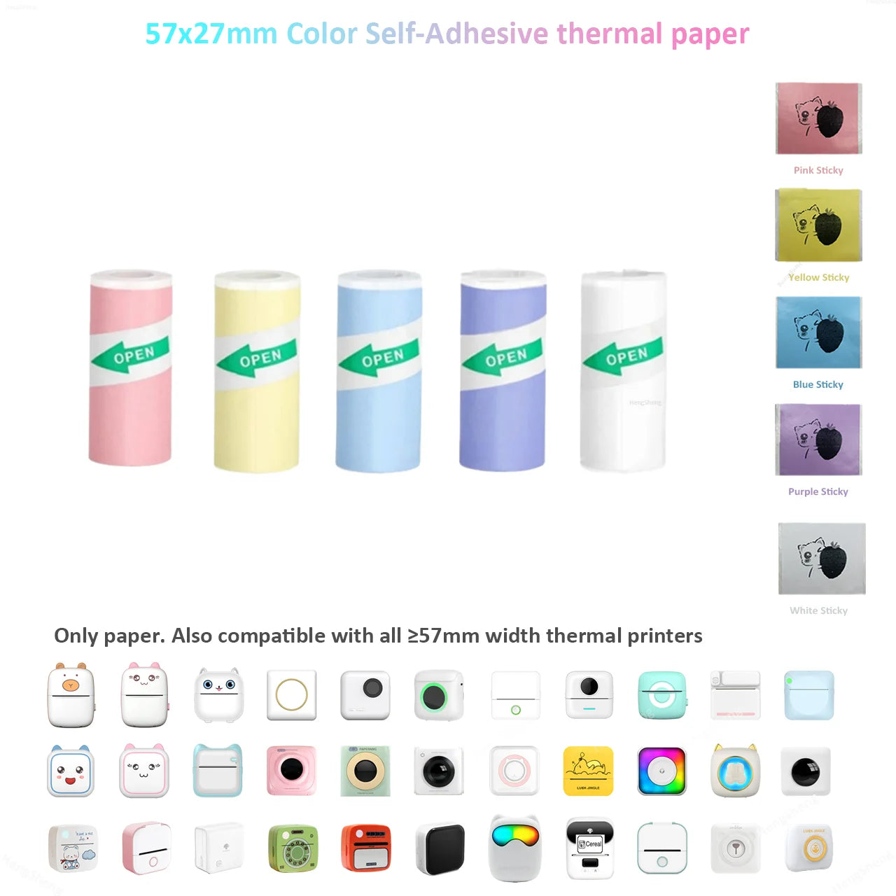 Thermal Paper MINI Printing Self-adhesive Label Sticker For Mini Printers Pose Machine Kid Camera Stickers 57mm Width Rolls