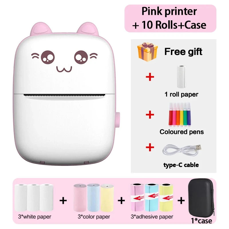 58mm Mini Portable Thermal Printer Cat Shapes Lightweight Wireless Photo Label Memo Wrong Question Printing USB Cable Printers