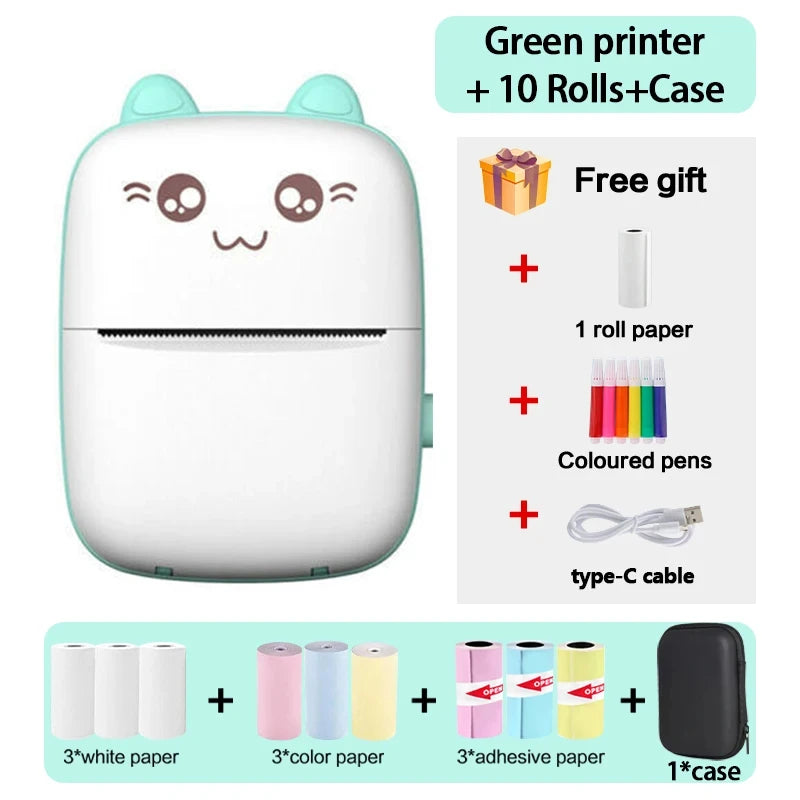 58mm Mini Portable Thermal Printer Cat Shapes Lightweight Wireless Photo Label Memo Wrong Question Printing USB Cable Printers