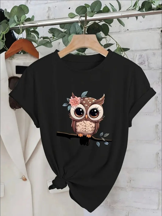 Women's Sports Short Sleeve T-Shirt, Comfortable And Stylish, For Sports And Daily Life, Cartoon Owl Print