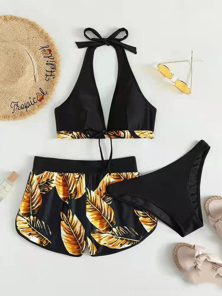 3pcs Leaf Print Bikini With Shorts Fashion Summer Beach Swimsuit Women's Clothing