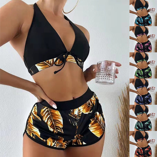 3pcs Leaf Print Bikini With Shorts Fashion Summer Beach Swimsuit Women's Clothing